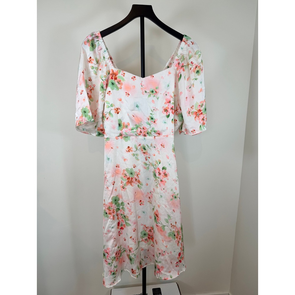 Zink London Floral Square Neck Puff Sleeve Midi Dress White Pink XL XXL